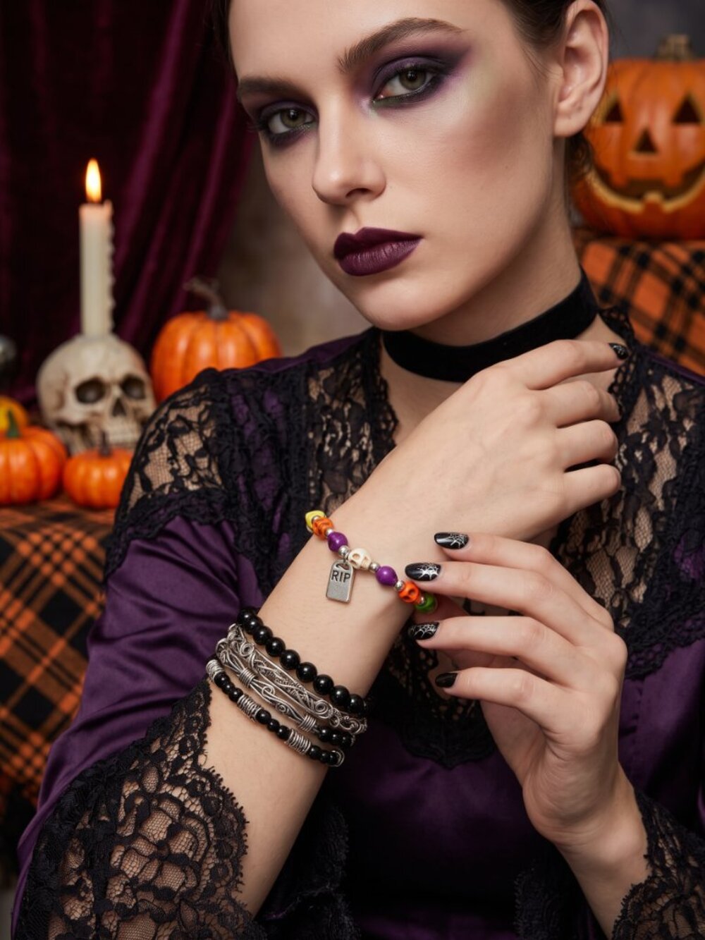 Rainbow Skull & Tombstone Stretch Bracelet | Spooky Halloween Jewelry